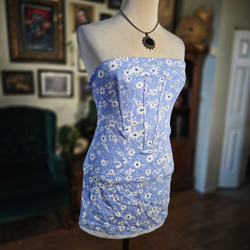 Sky to Moon Strapless Corset Mini Dress Blue‎ Floral Daisy Y2K Style Fitted M